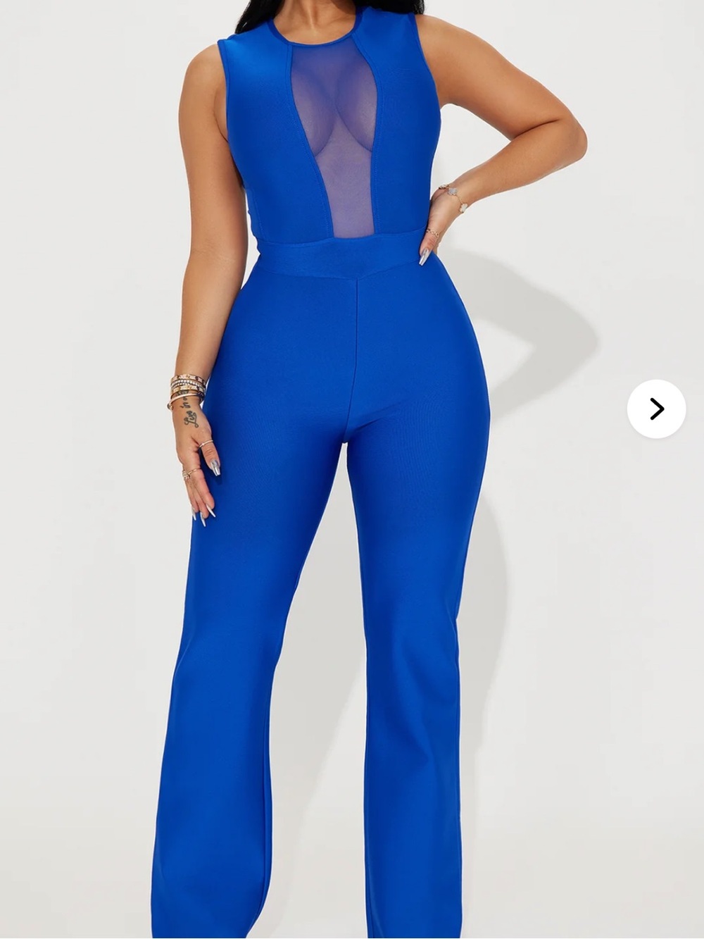 Fashion Nova Electric Blue Sleeveless Mesh-Front Jumpsuit